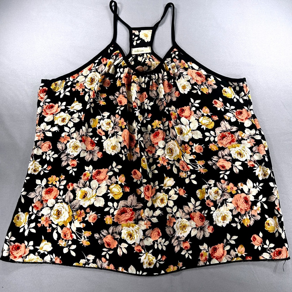 VTG Millibon USA Floral Tank Top Black Sleeveless Blouse Racerback Summer Large‎